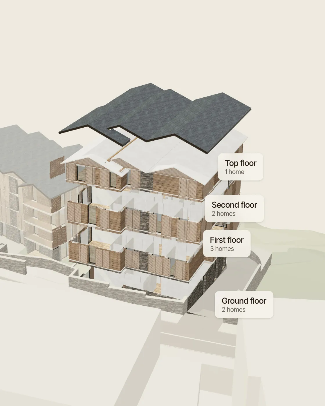Ordino Prestige live 3D model: the Aire building with its floors lifted apart