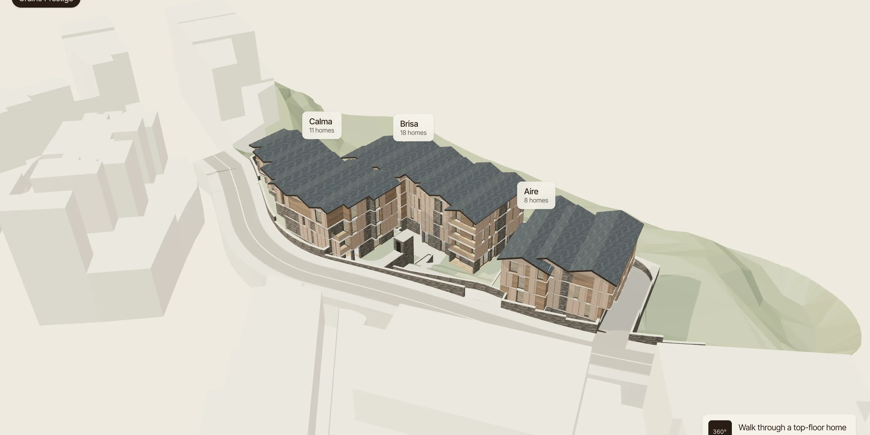The live 3D model of Ordino Prestige, with labels for the Calma, Brisa and Aire buildings on the hillside.