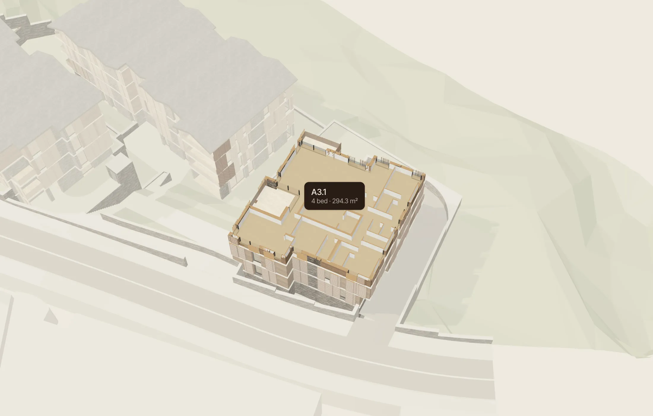 The top floor of Aire cut open like a plan, residence A3.1 highlighted with its details.