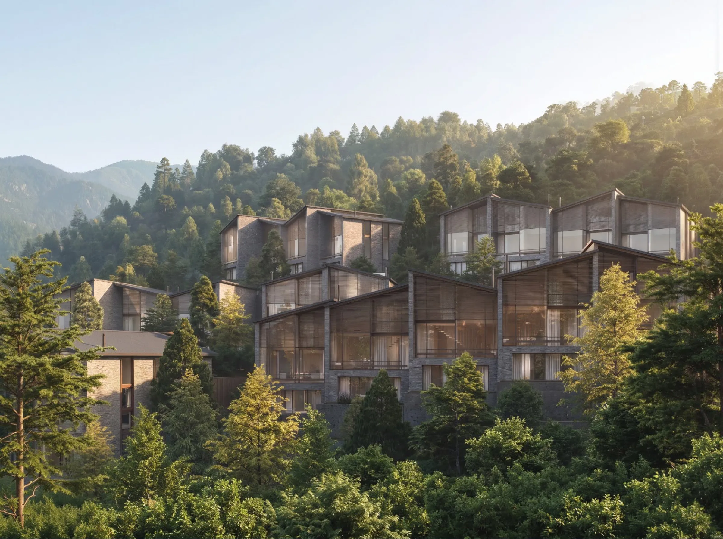 Cluster of stone and timber villas on a forested hillside in summer.