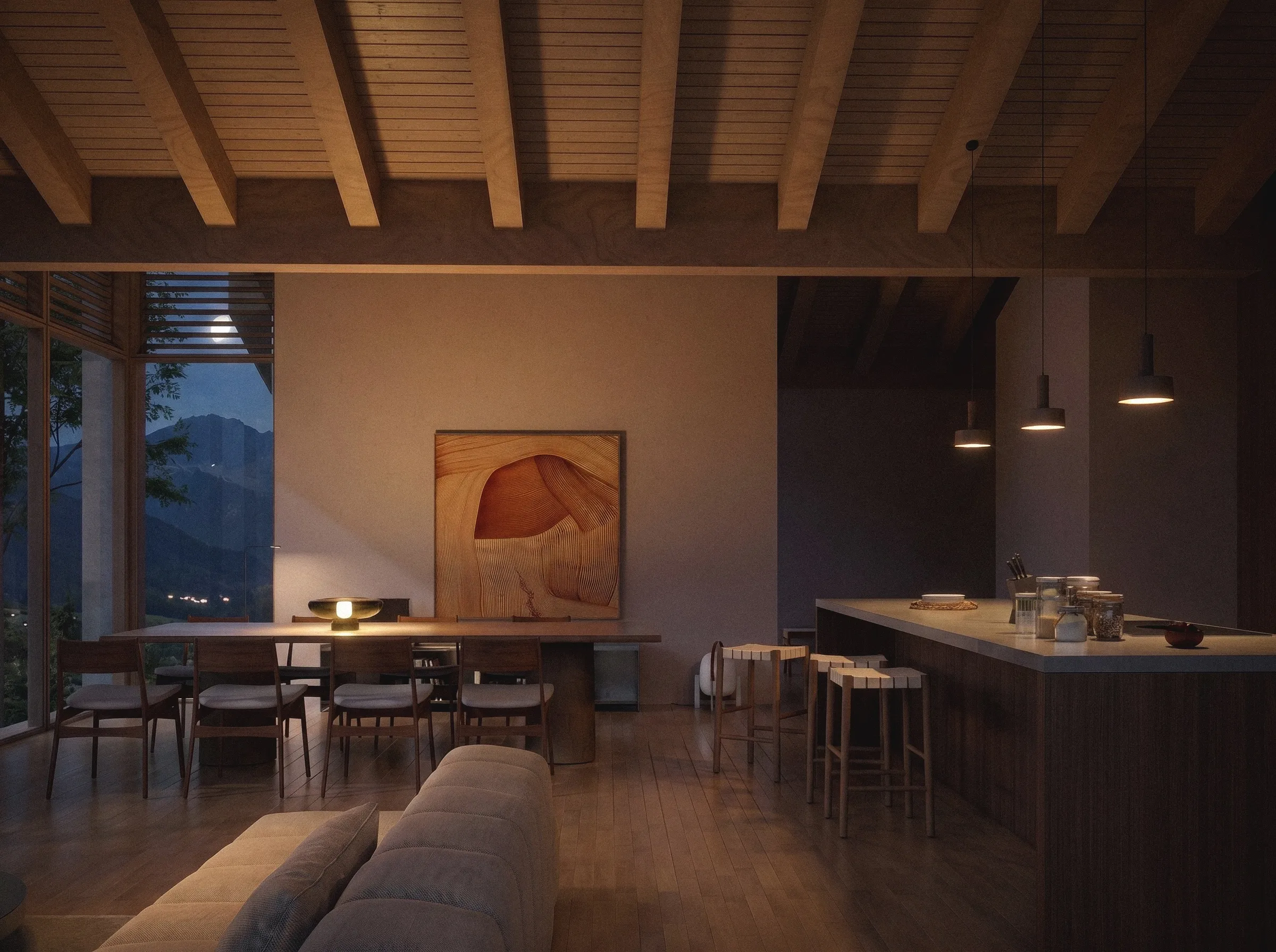 Open-plan kitchen in evening light.