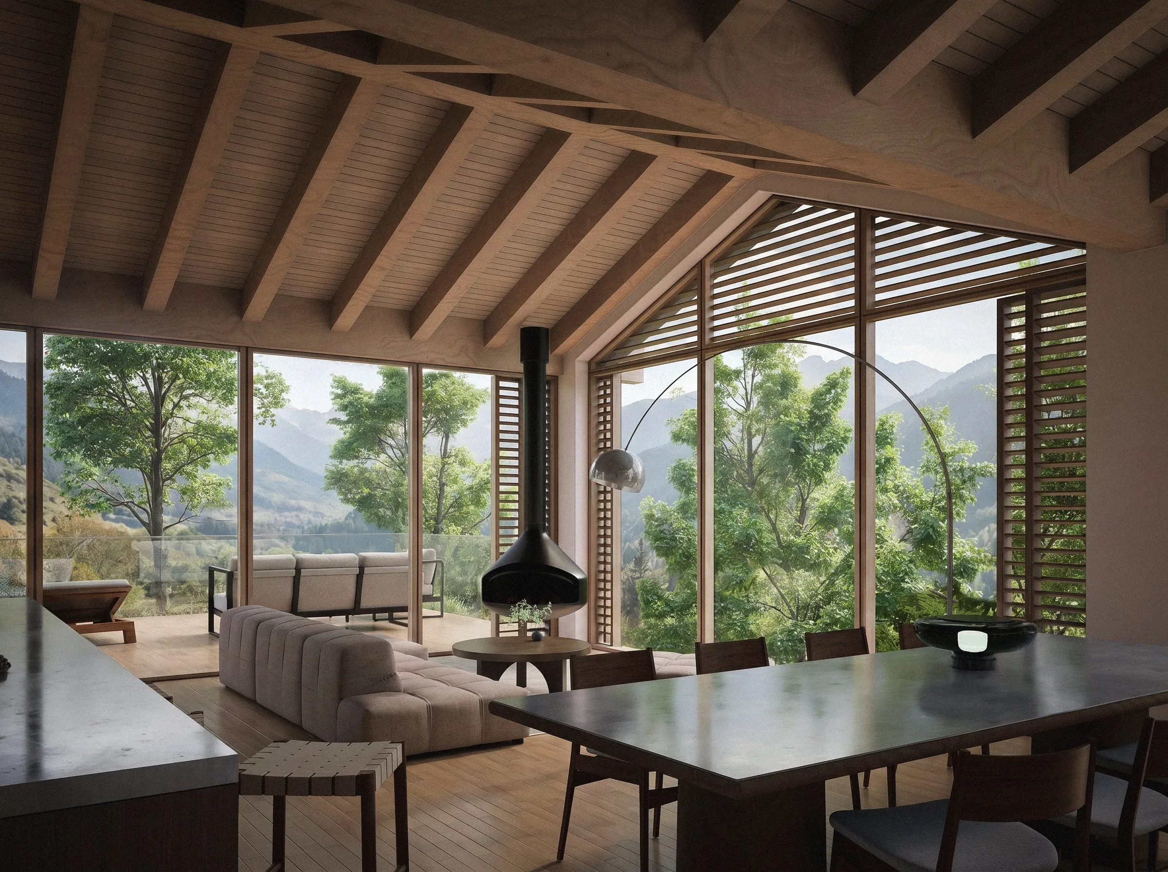 Open living and dining room under a timber roof, large windows onto pine forest.