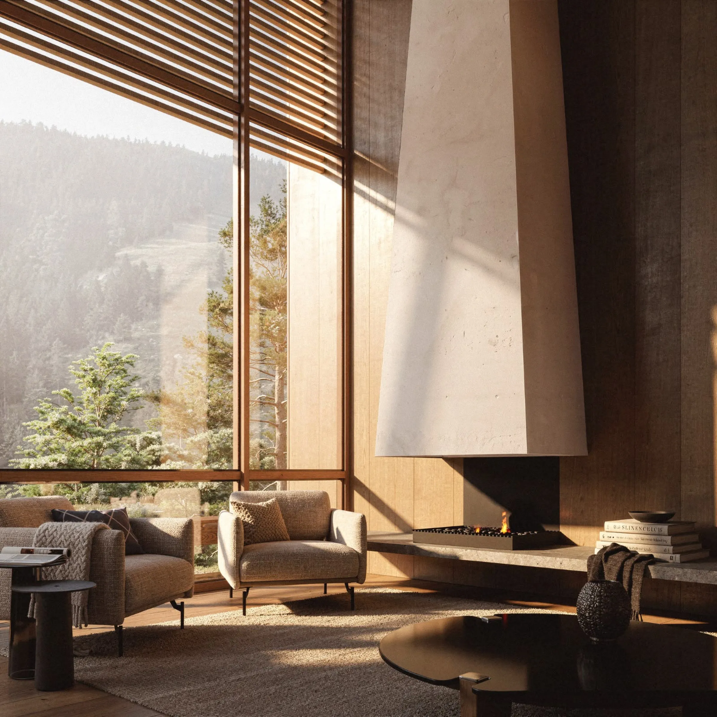 Double-height lounge with a concrete fireplace column and tall slatted windows.