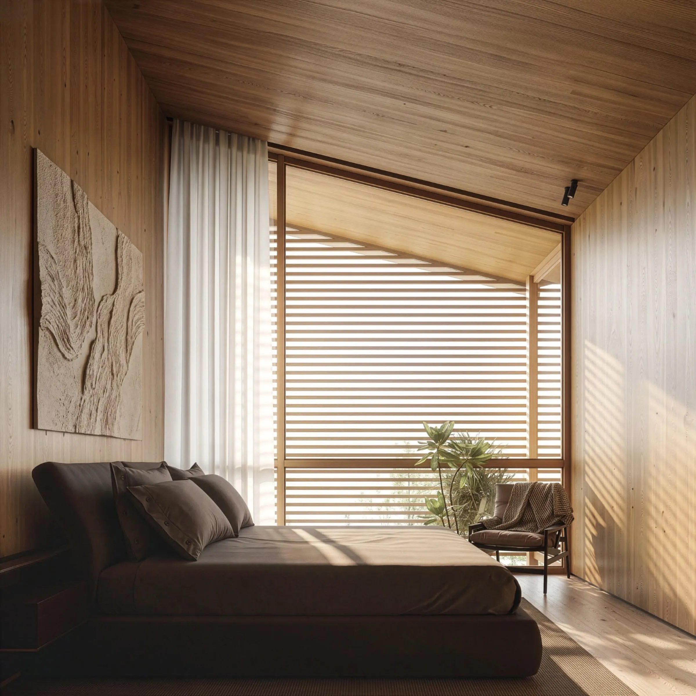 Master bedroom with slatted window and mountain view.
