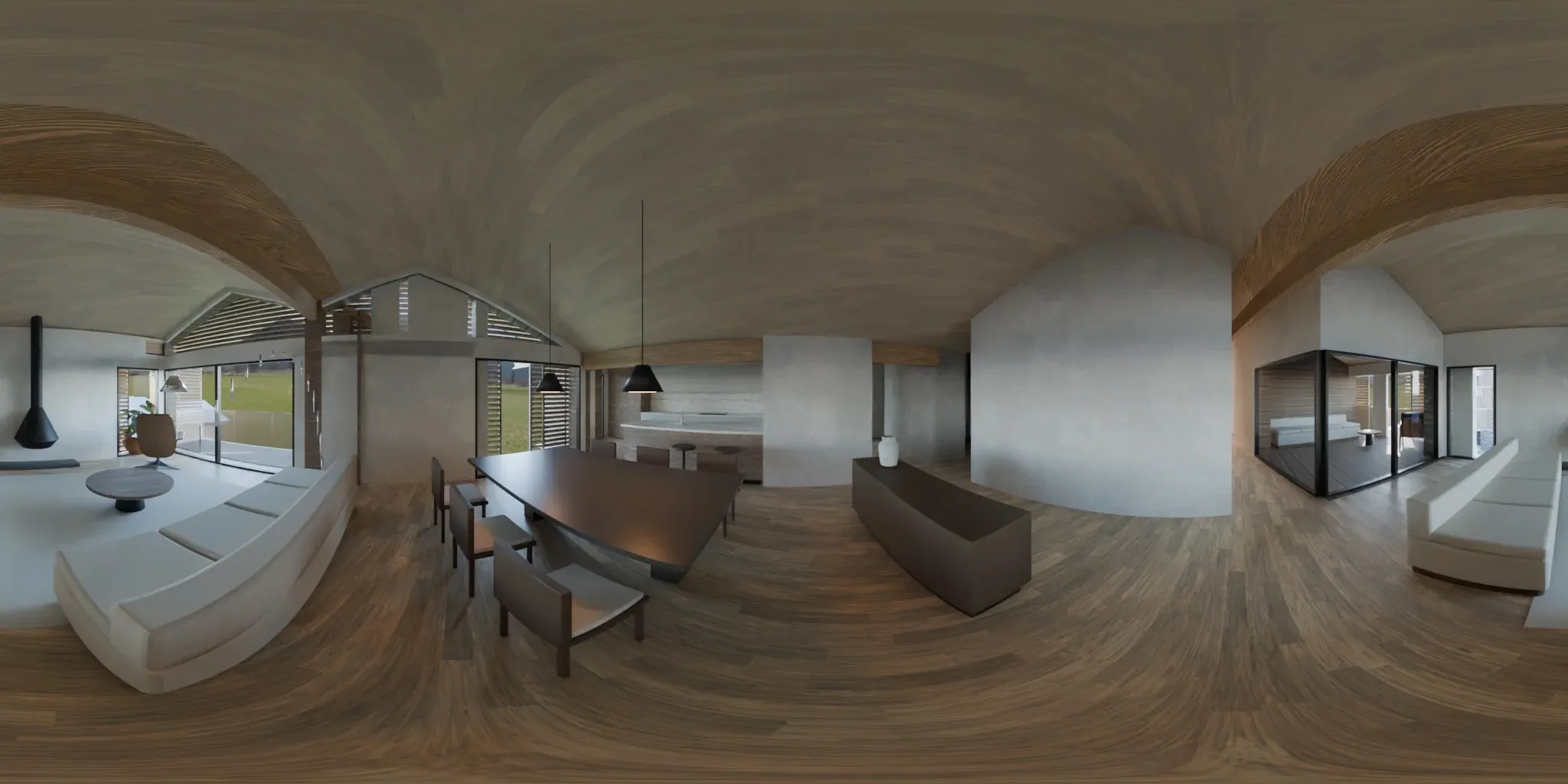Flattened 360-degree panorama of the living room of residence A3.1.