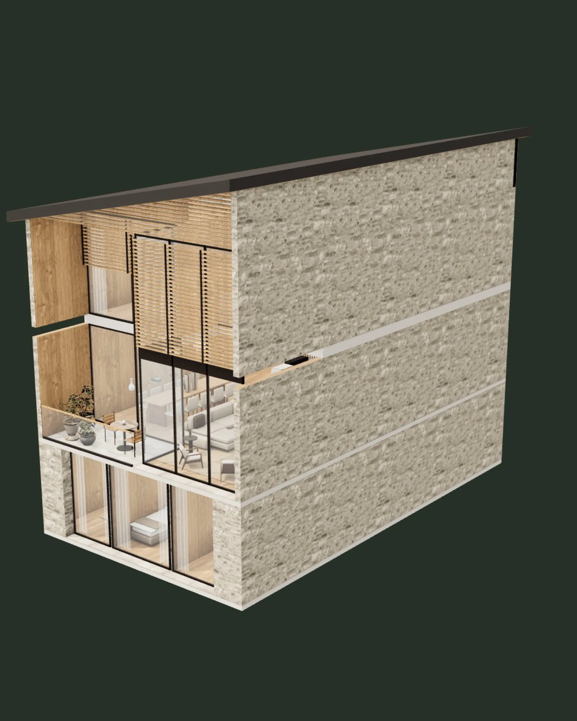 Cutaway of Villa 01A in stone showing the three glazed levels.