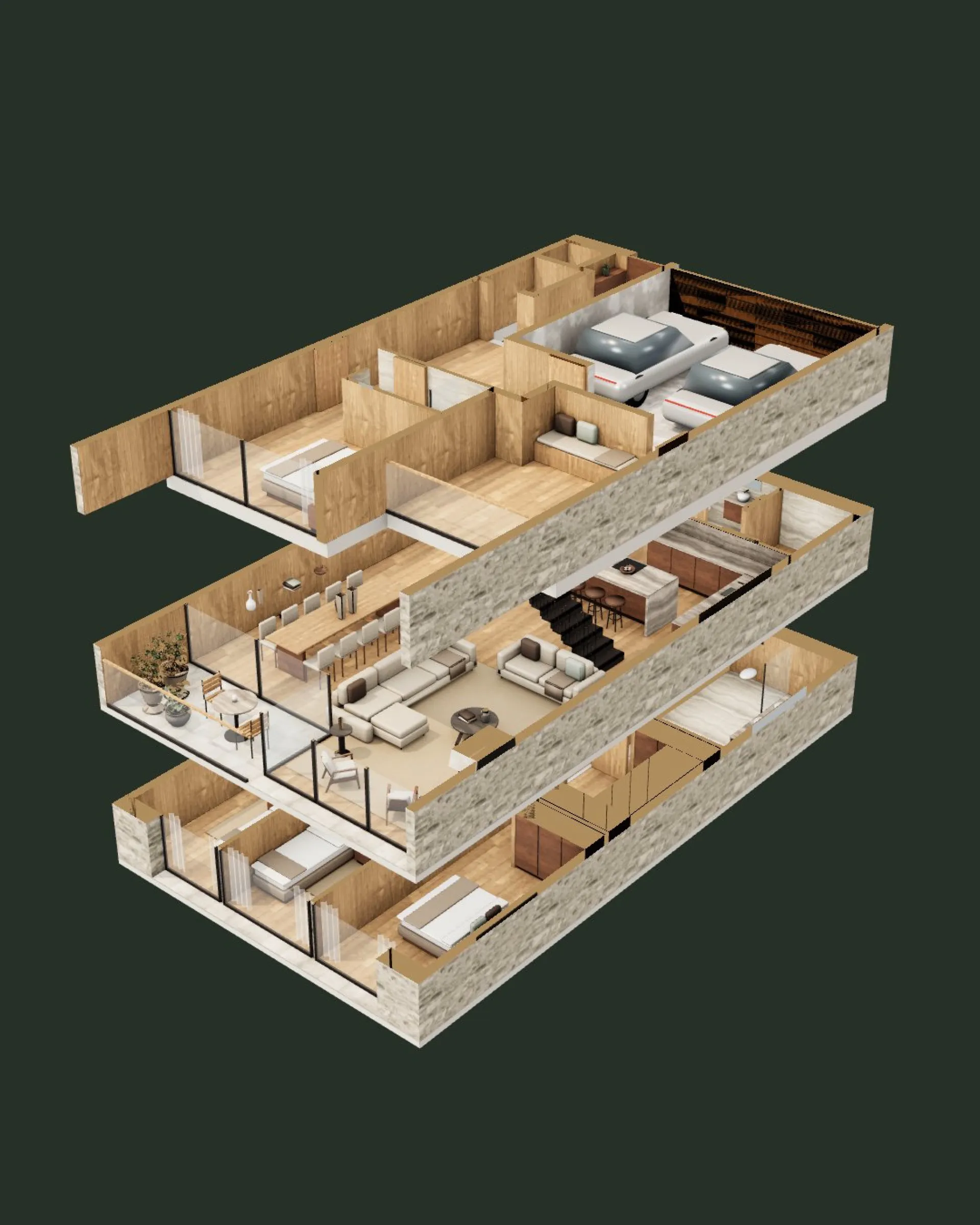 Exploded axonometric of the three furnished levels of Villa 01A on a dark green ground.