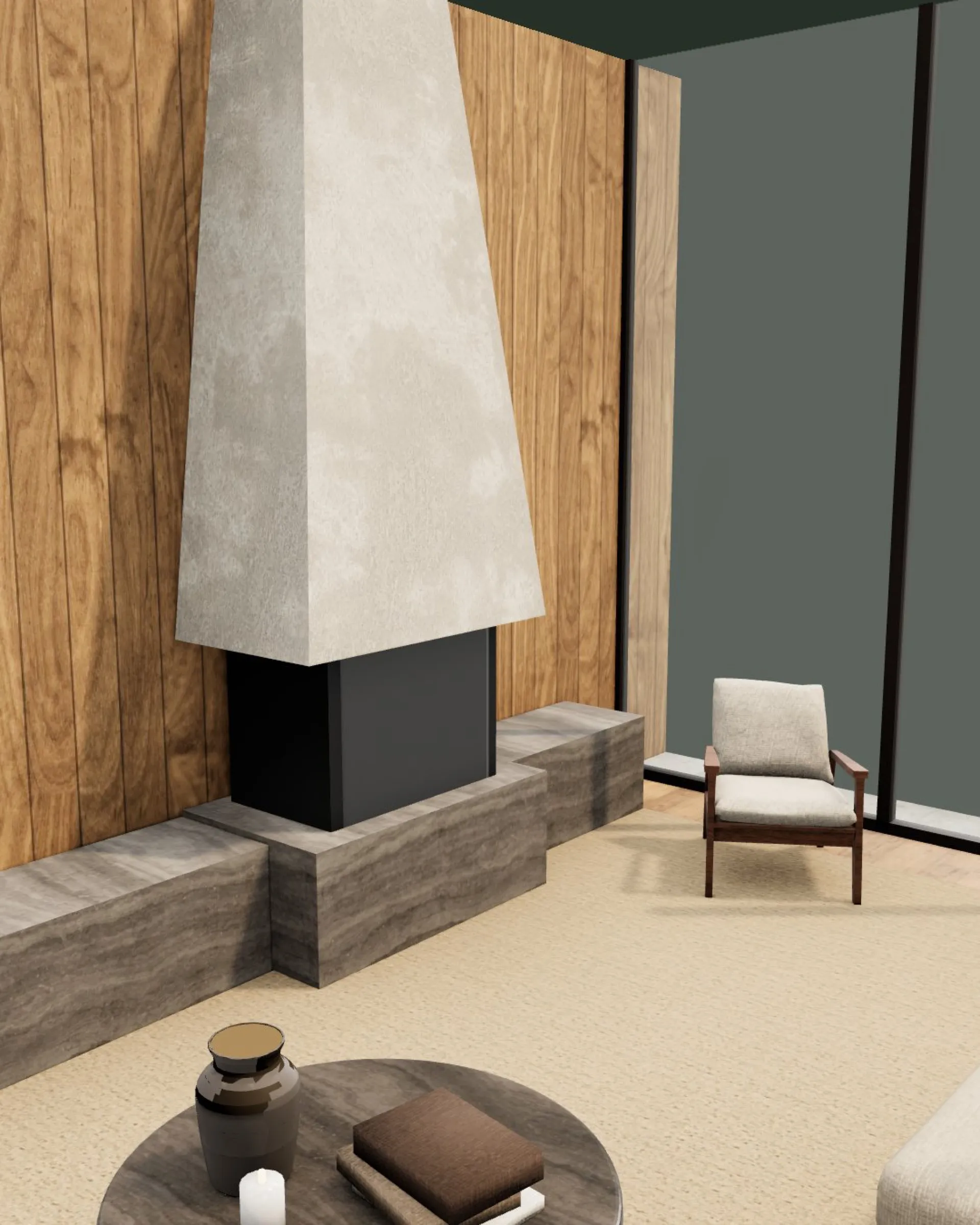 The Villa 01A 3D model at the fireplace column, timber walls and a lounge chair.